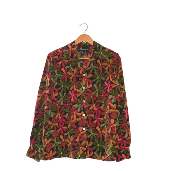 Vintage Women's Small Button Up Blouse Dark Floral 70's 80's Retro Boho - Picture 1 of 16